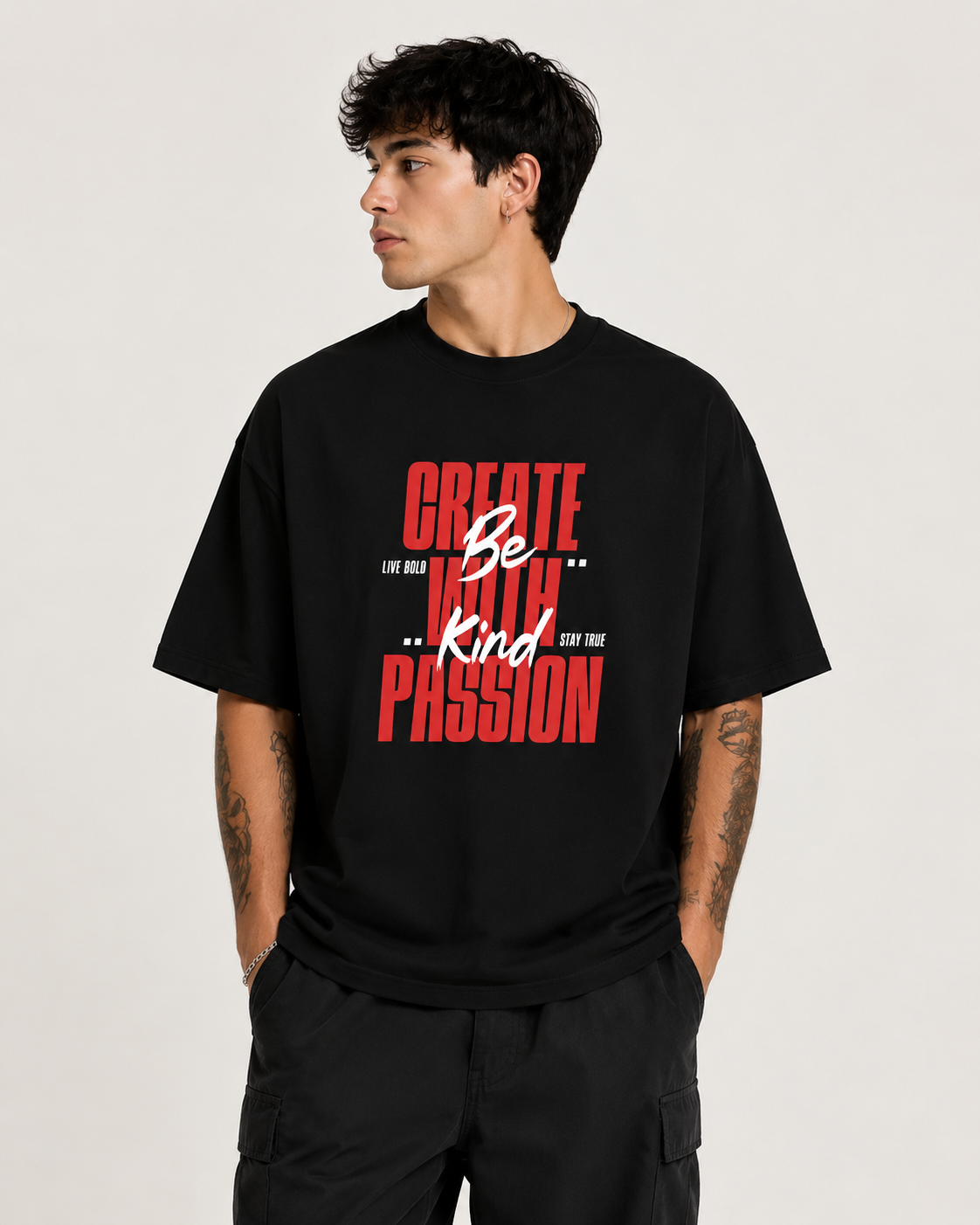 ILEERA® Premium Cotton Oversized Create With Passion Front Print T-Shirt