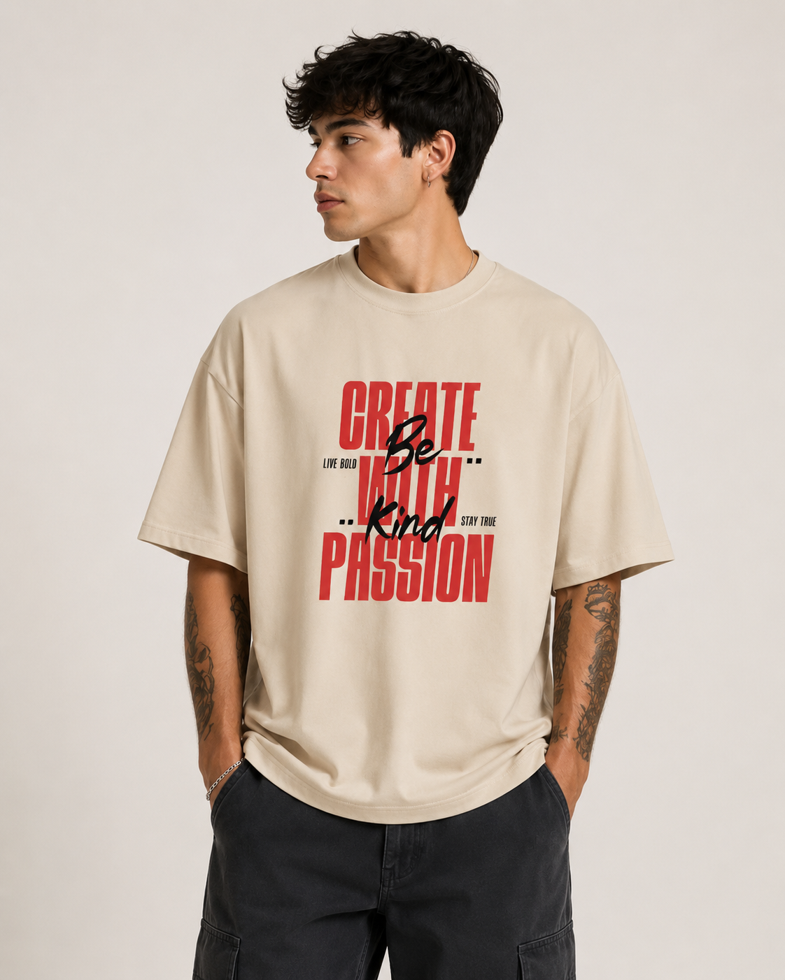 ILEERA® Premium Cotton Oversized Create With Passion Front Print T-Shirt