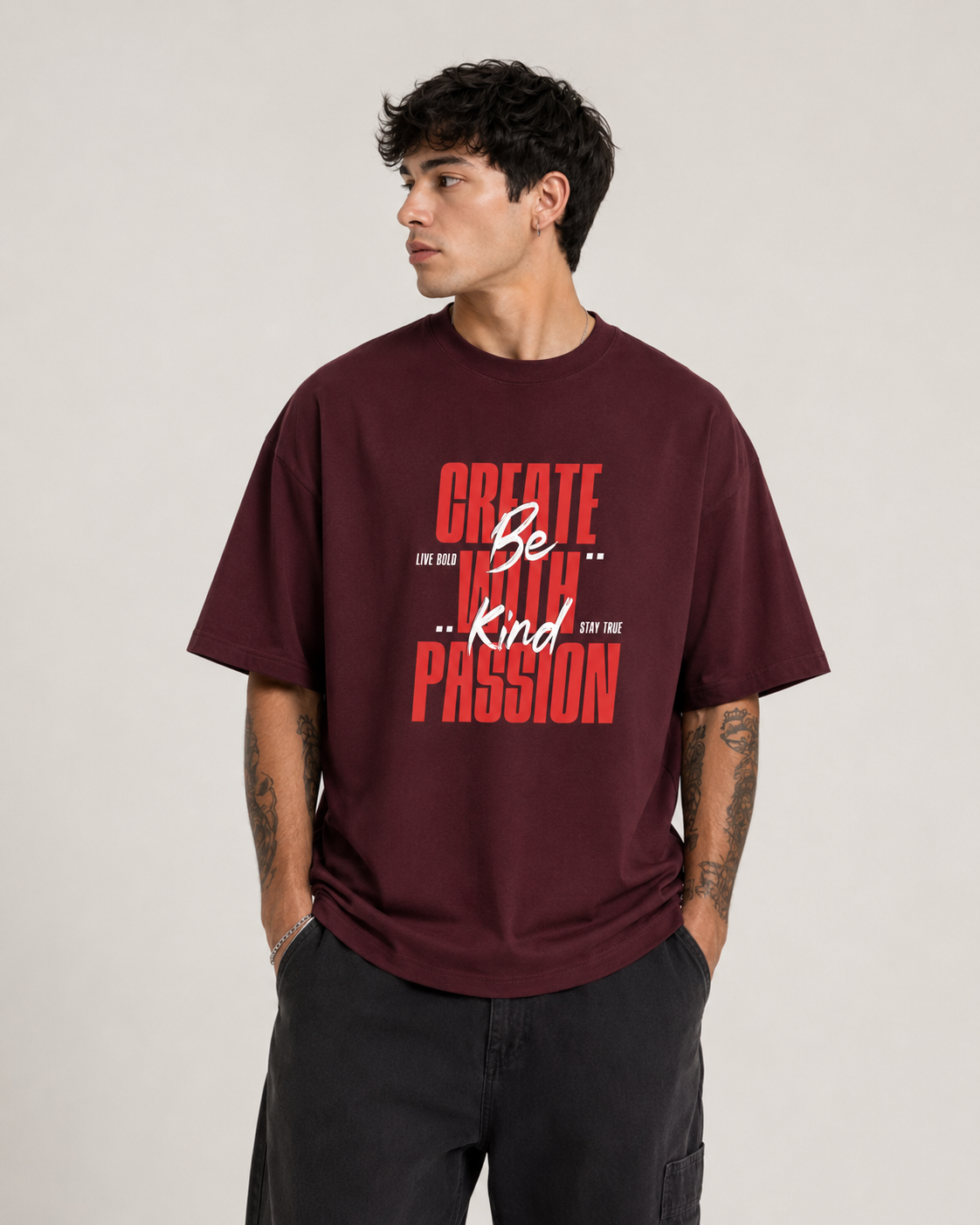 ILEERA® Premium Cotton Oversized Create With Passion Front Print T-Shirt