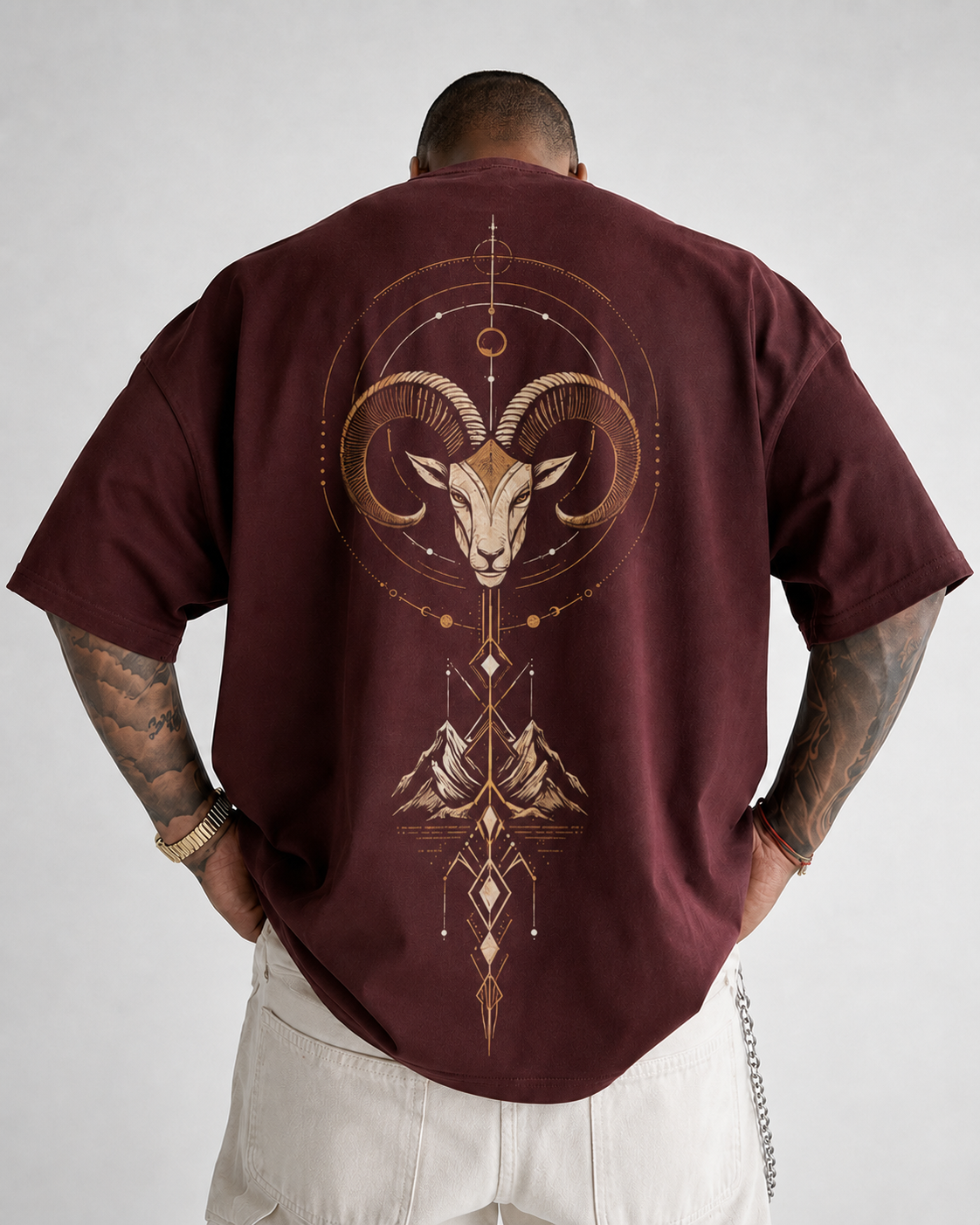 ILEERA® Premium Cotton Oversized Celestial Ram Front & Back Print T-Shirt