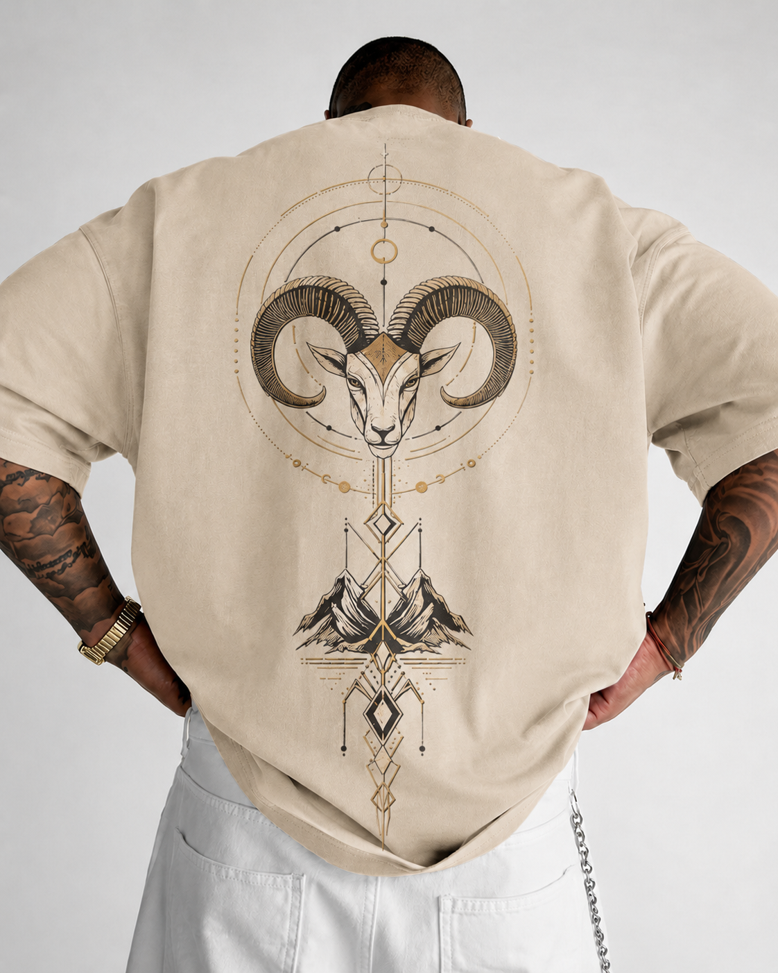 ILEERA® Premium Cotton Oversized Celestial Ram Front & Back Print T-Shirt