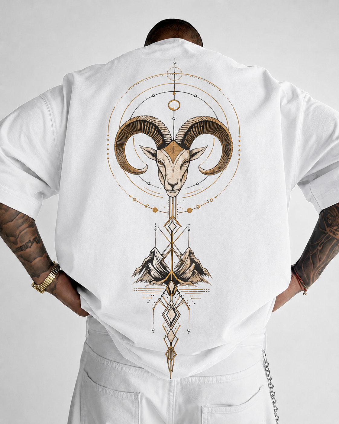 ILEERA® Premium Cotton Oversized Celestial Ram Front & Back Print T-Shirt
