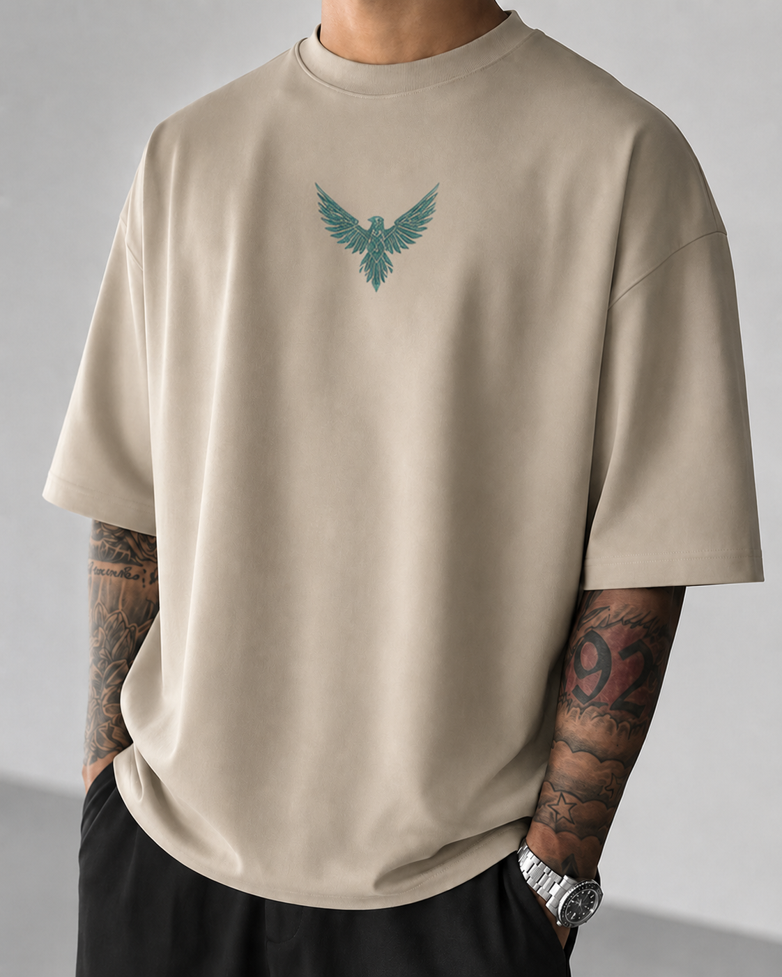 ILEERA® Premium Cotton Oversized Celestial Falcon Front & Back Print T-Shirt