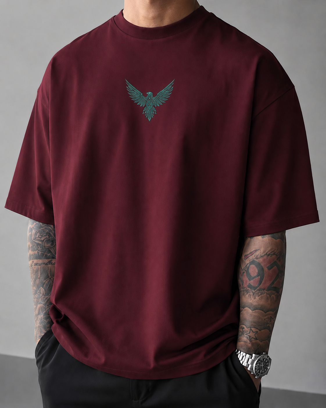 ILEERA® Premium Cotton Oversized Celestial Falcon Front & Back Print T-Shirt