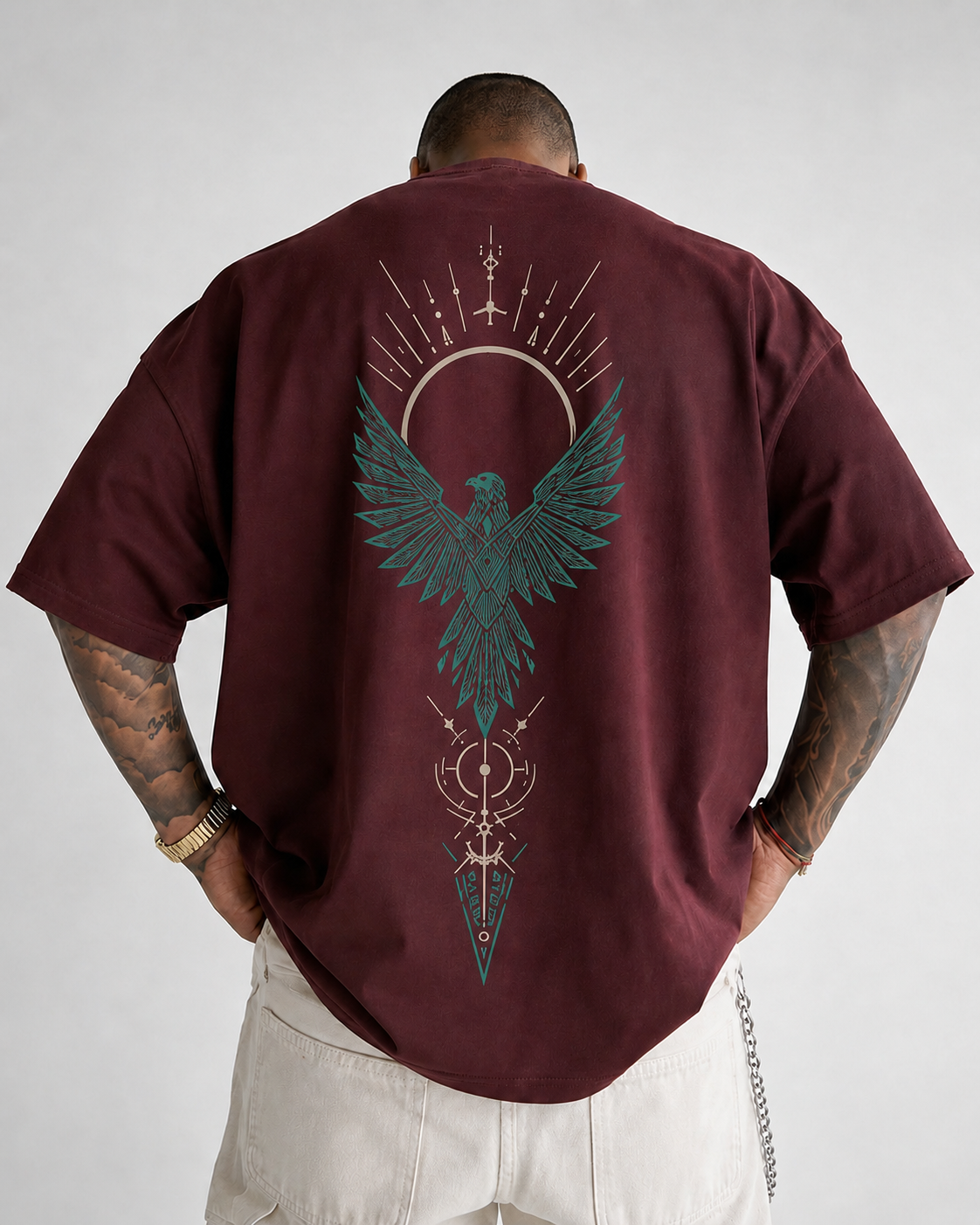 ILEERA® Premium Cotton Oversized Celestial Falcon Front & Back Print T-Shirt
