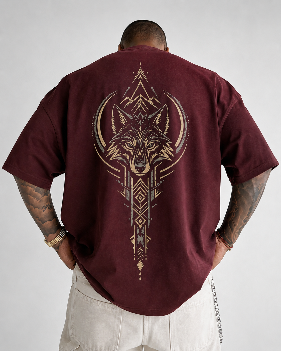 ILEERA® Premium Cotton Oversized Golden Wolf Front & Back Print T-Shirt