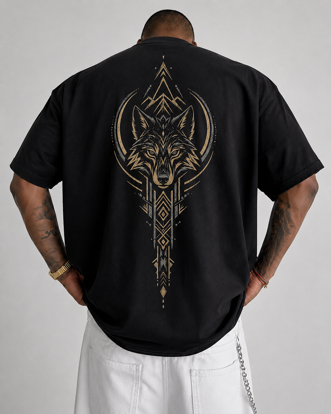 ILEERA® Premium Cotton Oversized Golden Wolf Front & Back Print T-Shirt