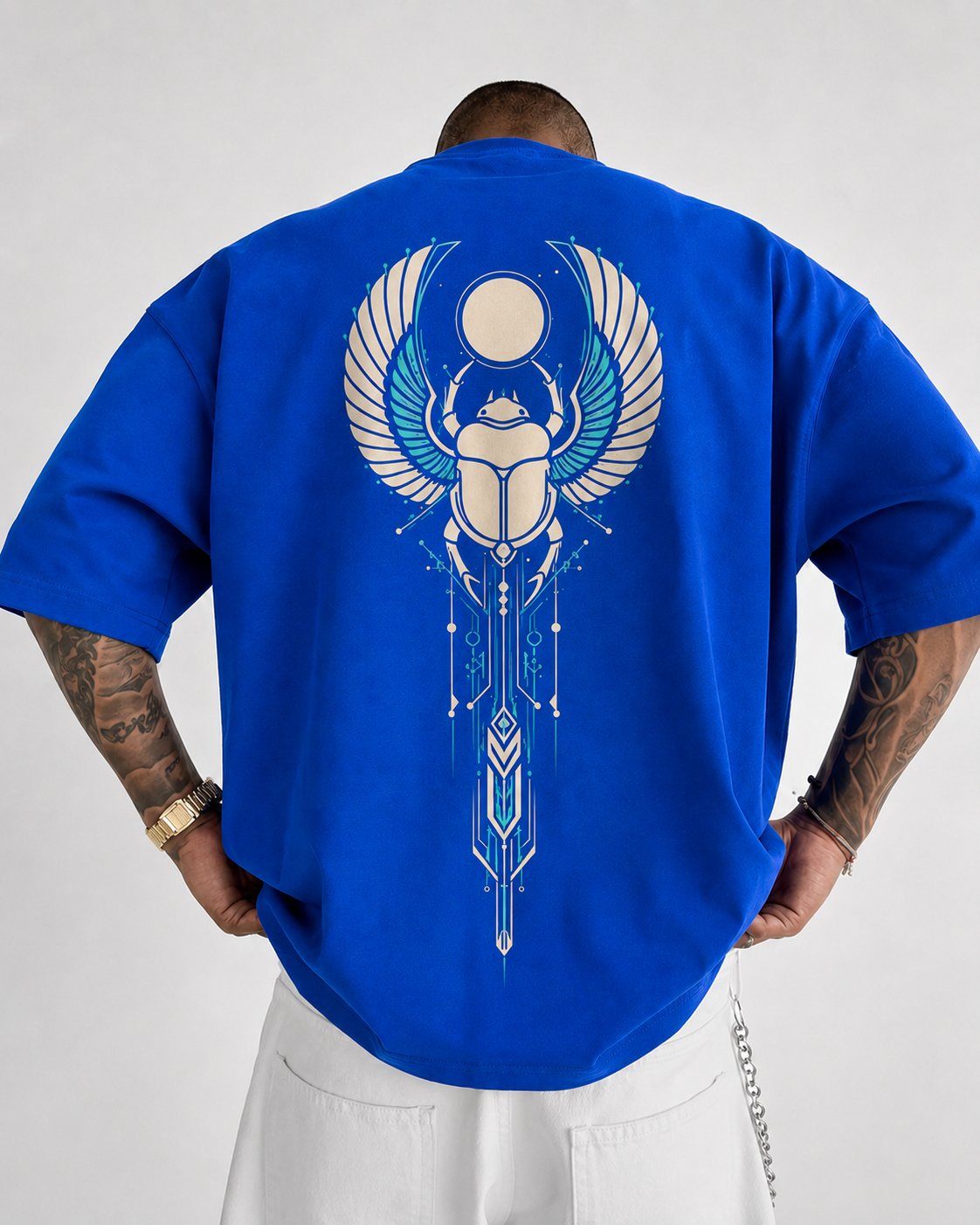 ILEERA® Premium Cotton Oversized Winged Scarab Front & Back Print T-Shirt