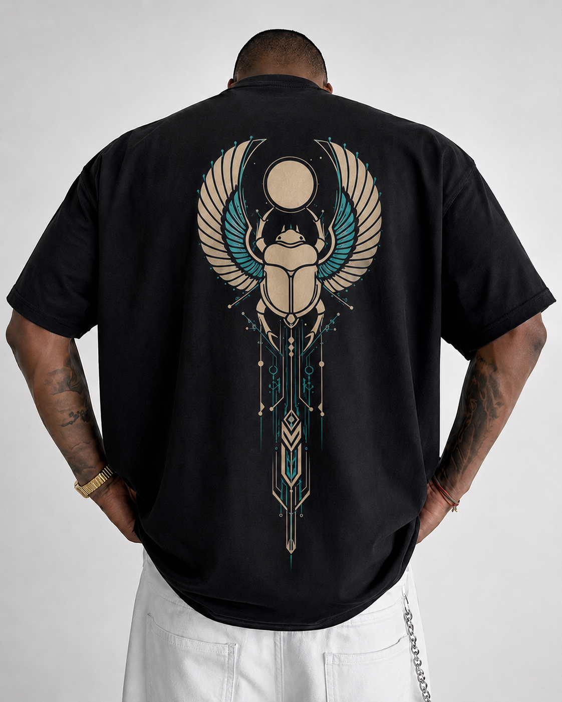 ILEERA® Premium Cotton Oversized Winged Scarab Front & Back Print T-Shirt