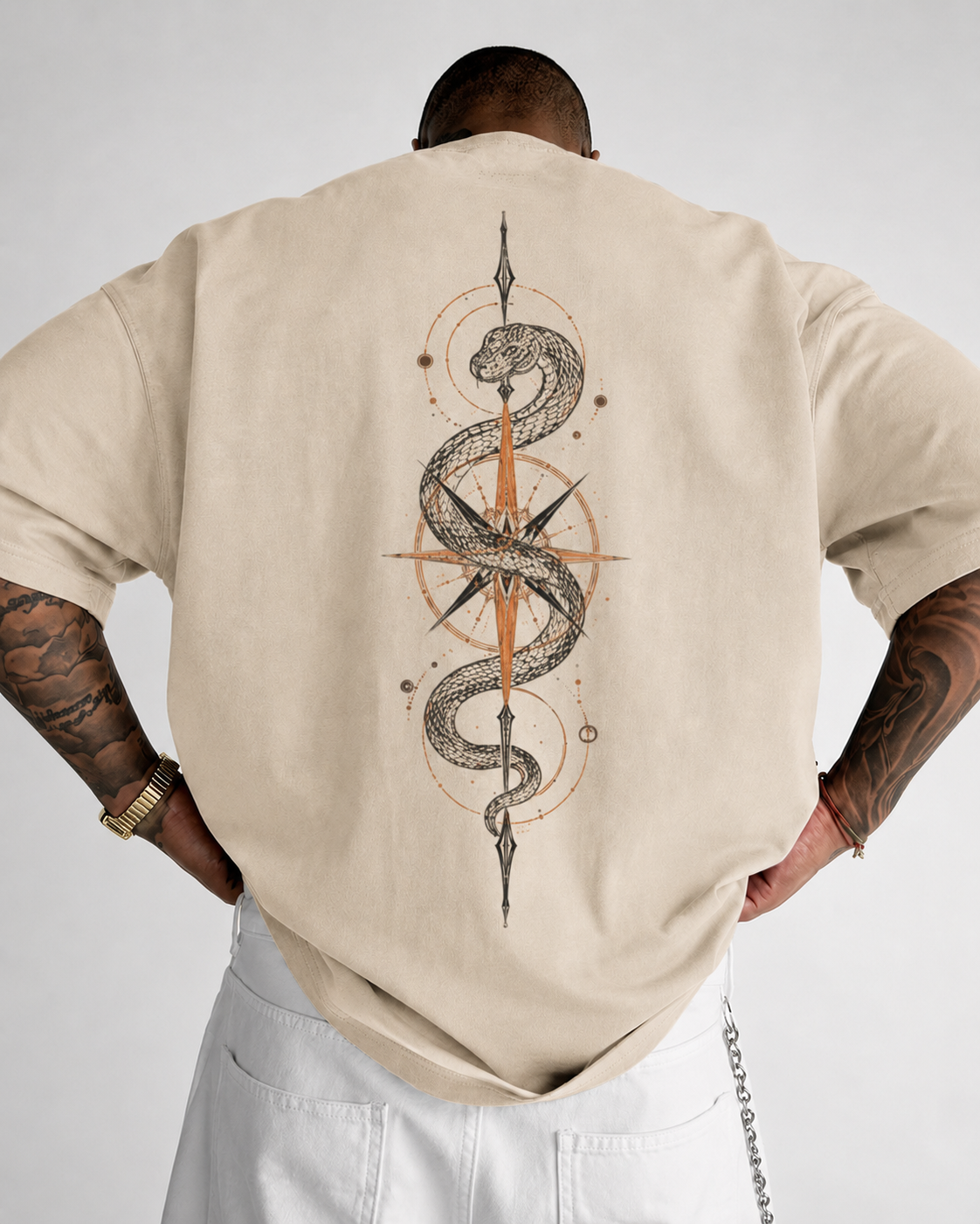 ILEERA® Premium Cotton Oversized Serpent Compass Front & Back Print T-Shirt