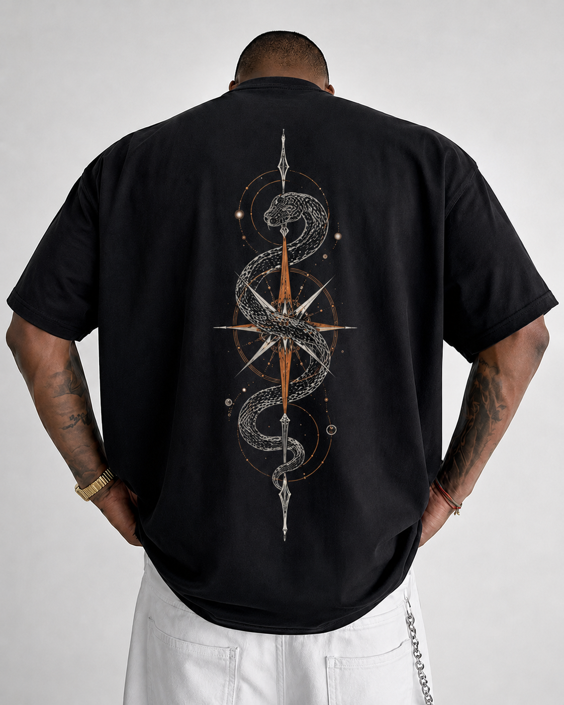 ILEERA® Premium Cotton Oversized Serpent Compass Front & Back Print T-Shirt