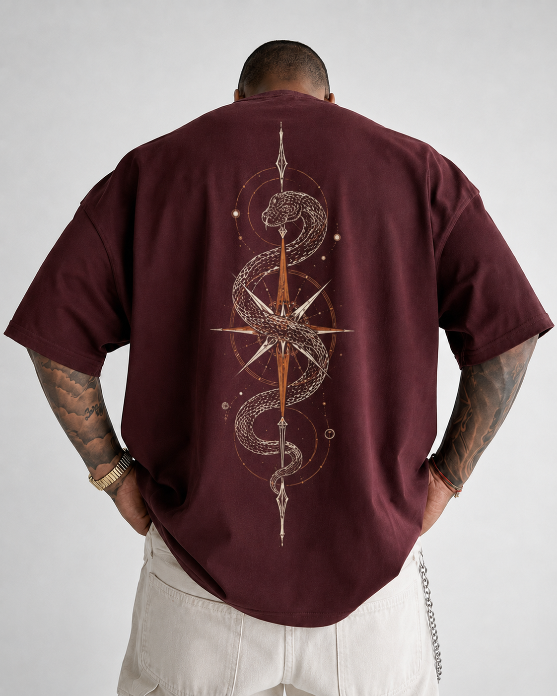 ILEERA® Premium Cotton Oversized Serpent Compass Front & Back Print T-Shirt
