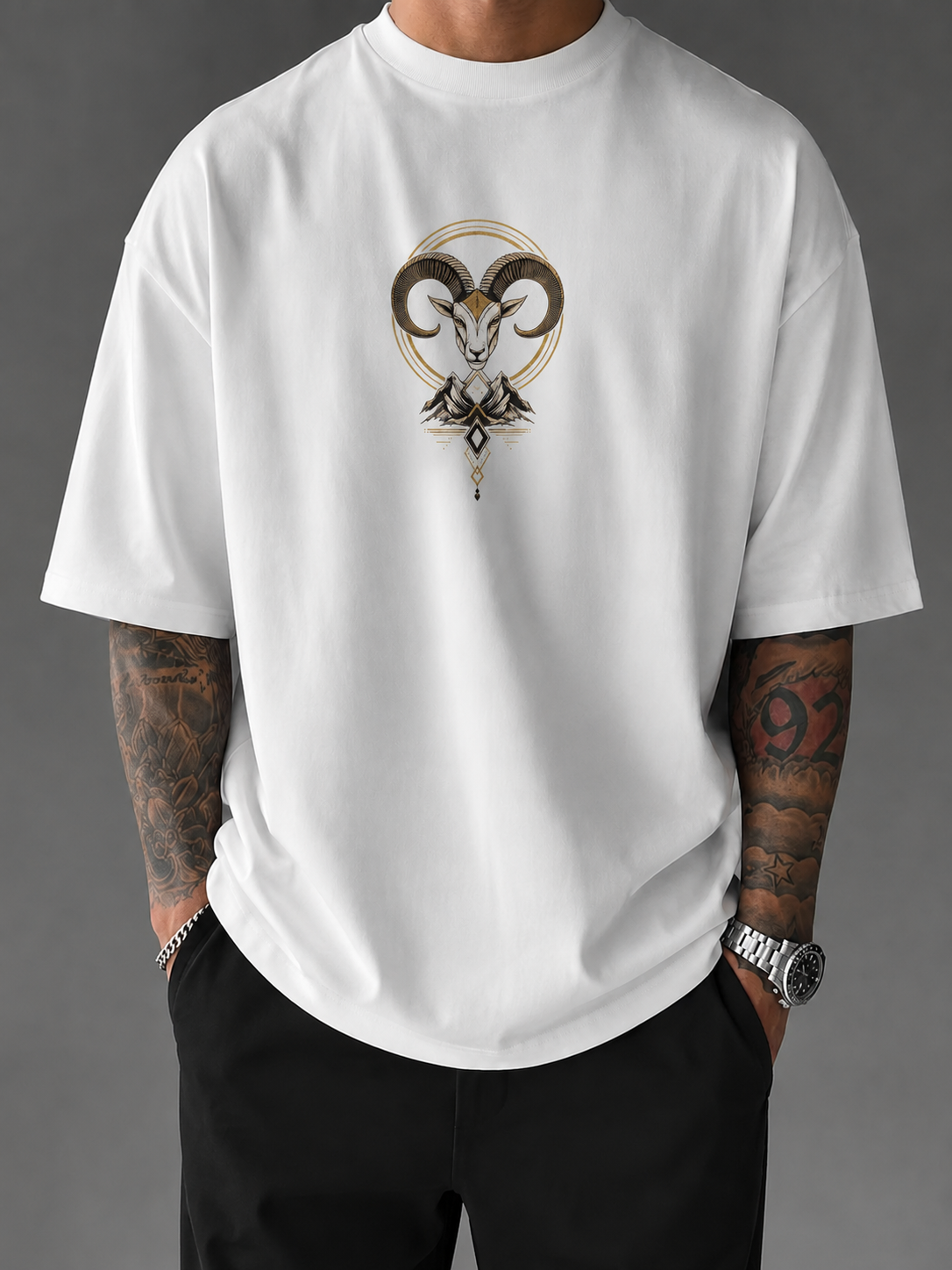 ILEERA® Premium Cotton Oversized Celestial Ram Front & Back Print T-Shirt