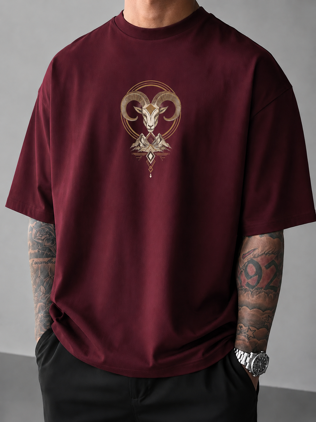 ILEERA® Premium Cotton Oversized Celestial Ram Front & Back Print T-Shirt
