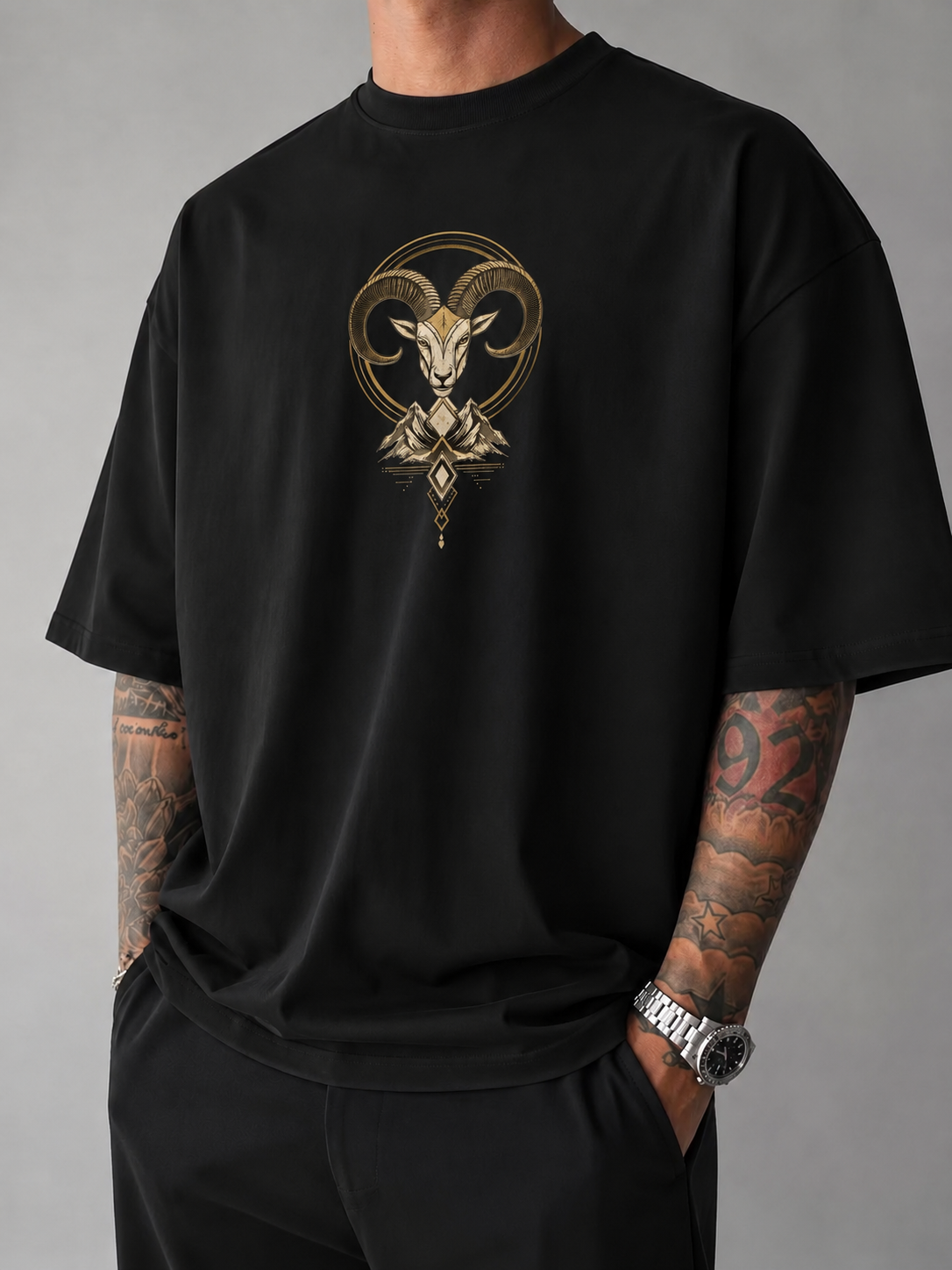 ILEERA® Premium Cotton Oversized Celestial Ram Front & Back Print T-Shirt