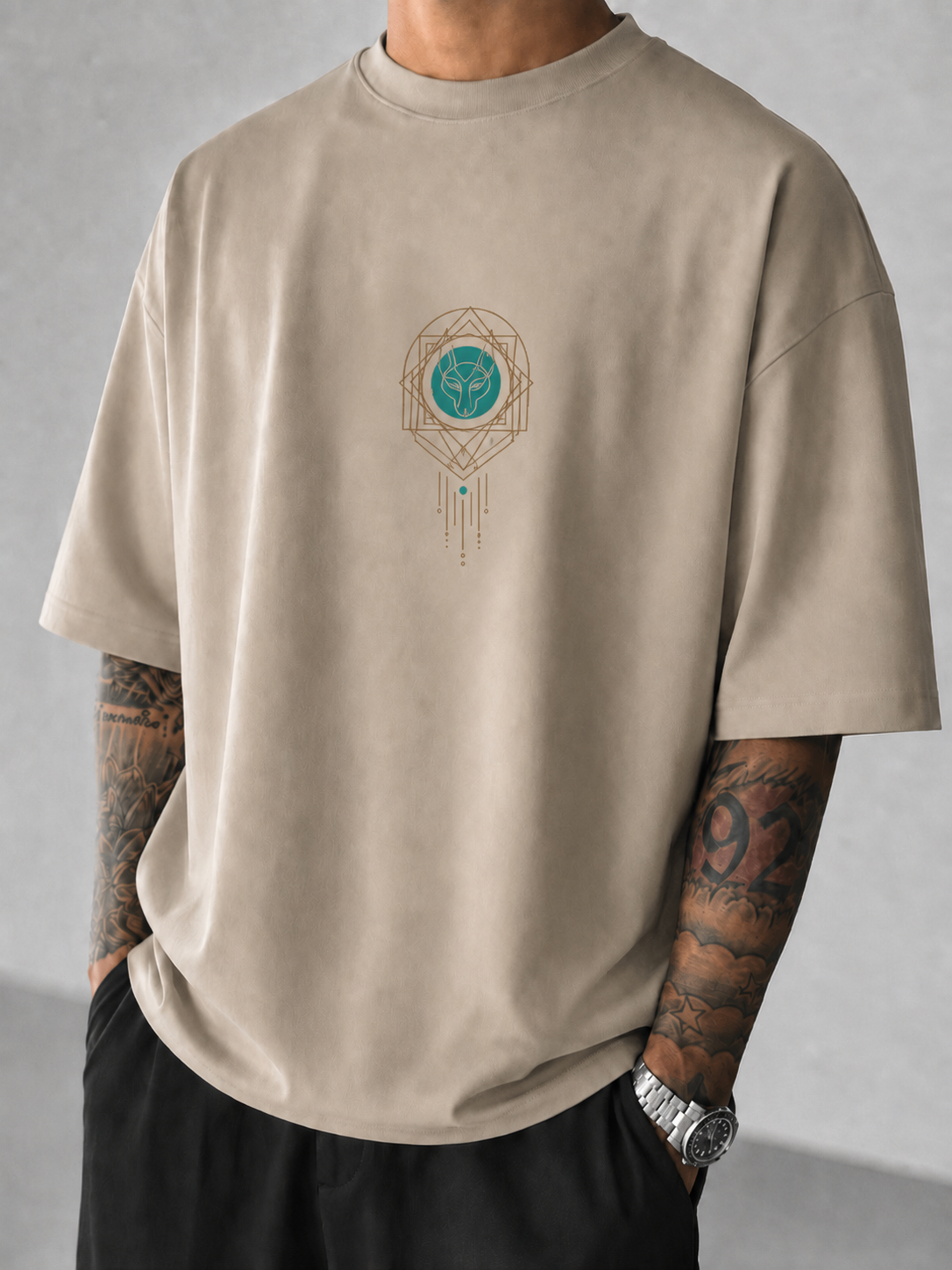 ILEERA® Premium Cotton Oversized Anubis Eclipse Front & Back Print T-Shirt
