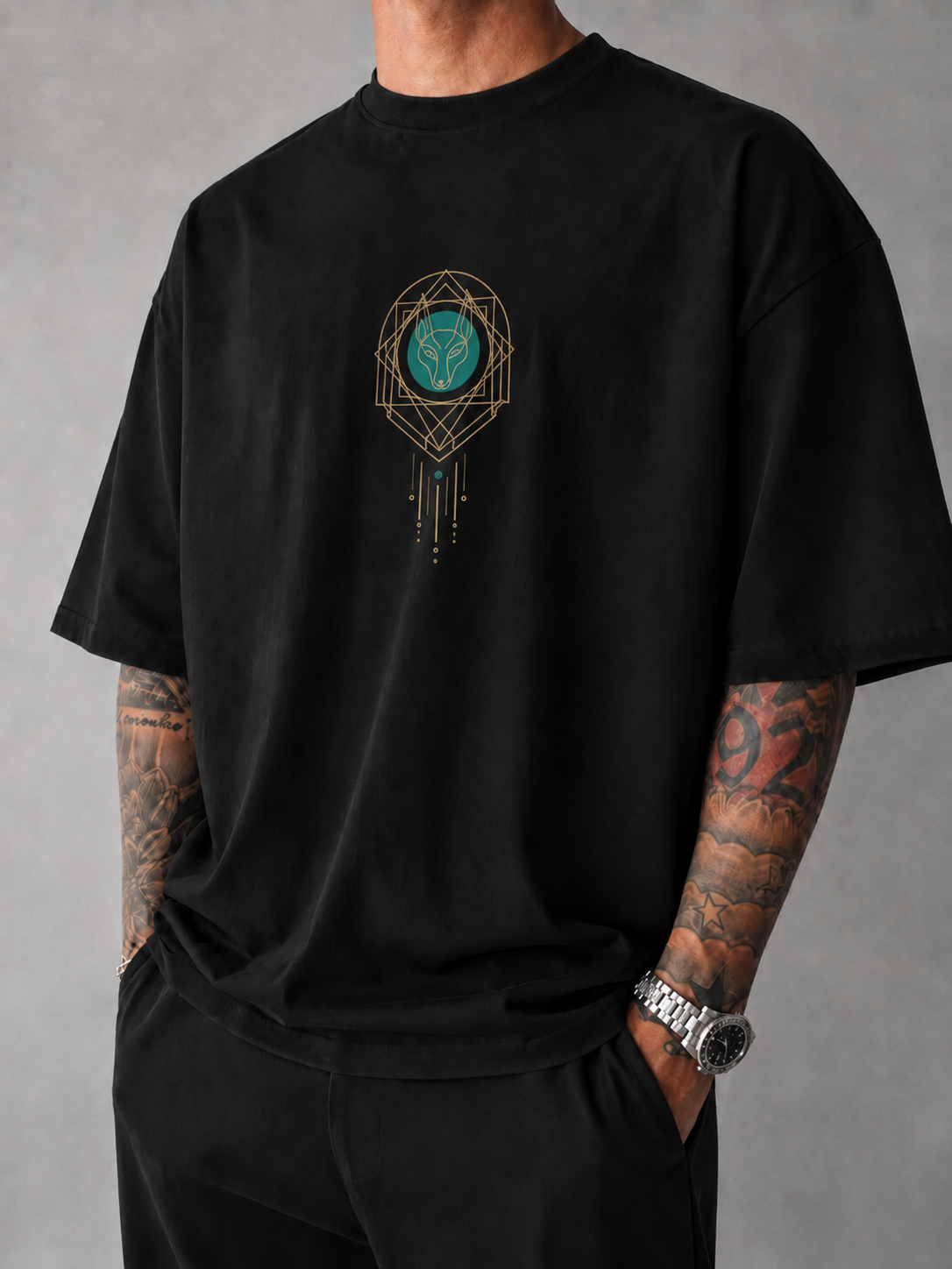 ILEERA® Premium Cotton Oversized Anubis Eclipse Front & Back Print T-Shirt