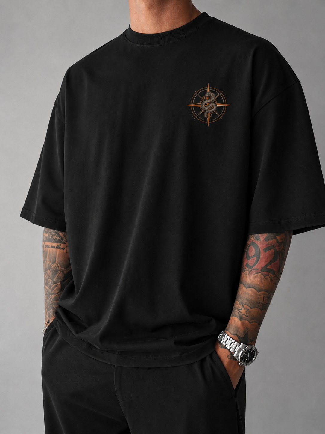 ILEERA® Premium Cotton Oversized Serpent Compass Front & Back Print T-Shirt
