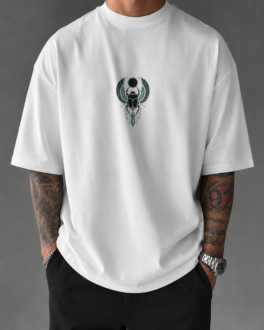ILEERA® Premium Cotton Oversized Winged Scarab Front & Back Print T-Shirt