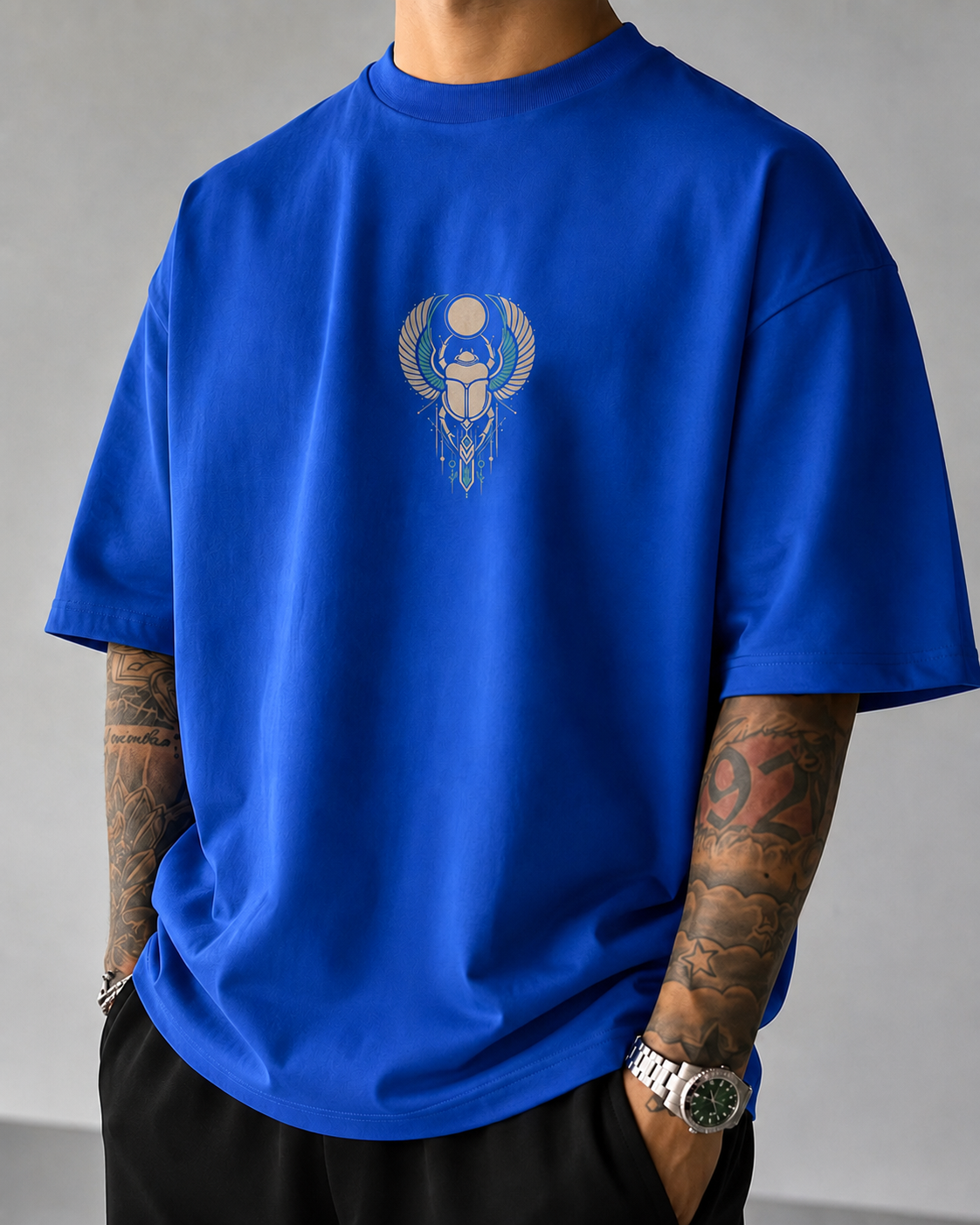 ILEERA® Premium Cotton Oversized Winged Scarab Front & Back Print T-Shirt