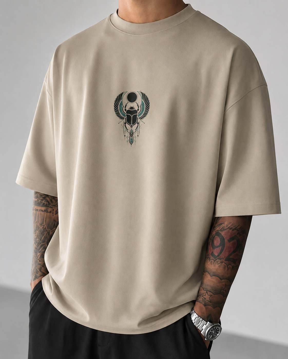 ILEERA® Premium Cotton Oversized Winged Scarab Front & Back Print T-Shirt