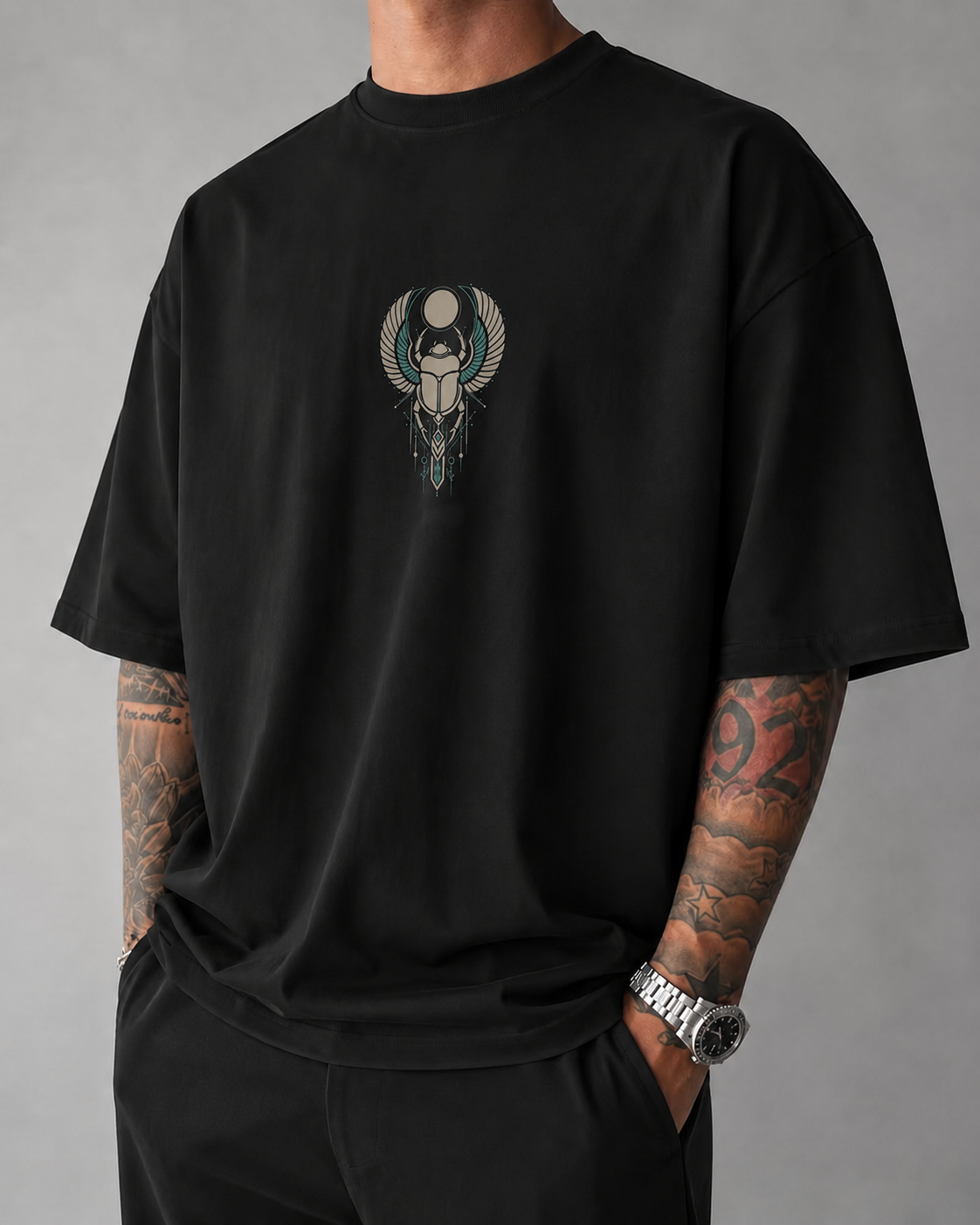 ILEERA® Premium Cotton Oversized Winged Scarab Front & Back Print T-Shirt