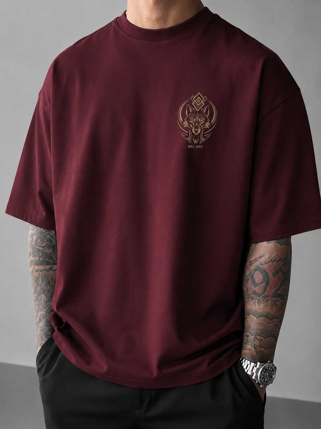 ILEERA® Premium Cotton Oversized Golden Wolf Front & Back Print T-Shirt