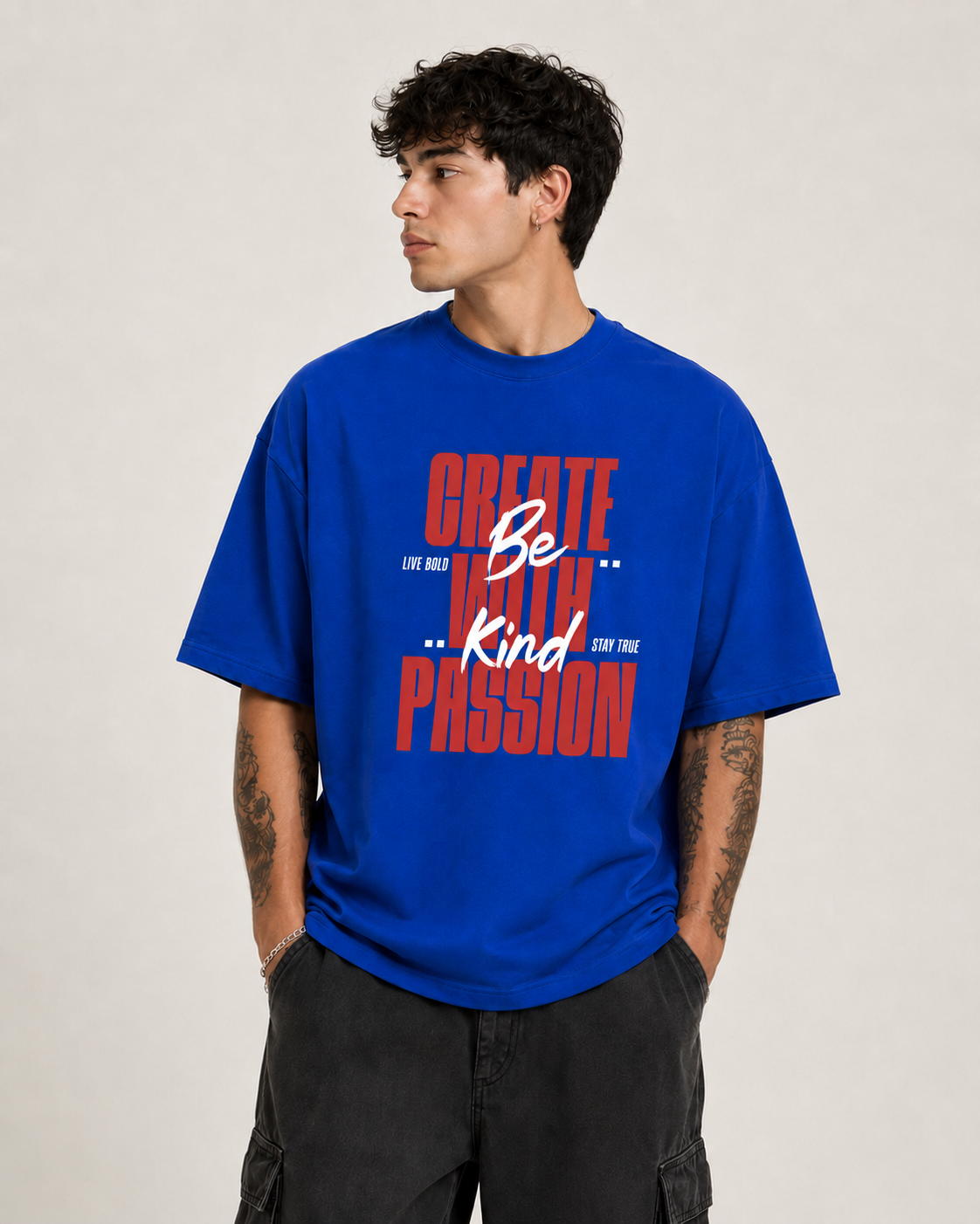 ILEERA® Premium Cotton Oversized Create With Passion Front Print T-Shirt