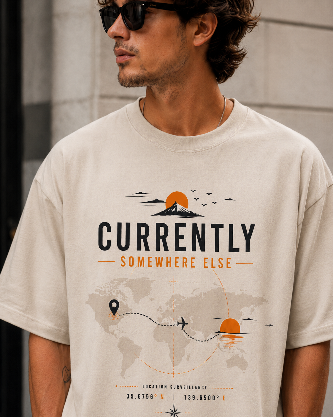 ILEERA® Premium Cotton Oversized Currently Somewhere Else Front Print T-Shirt