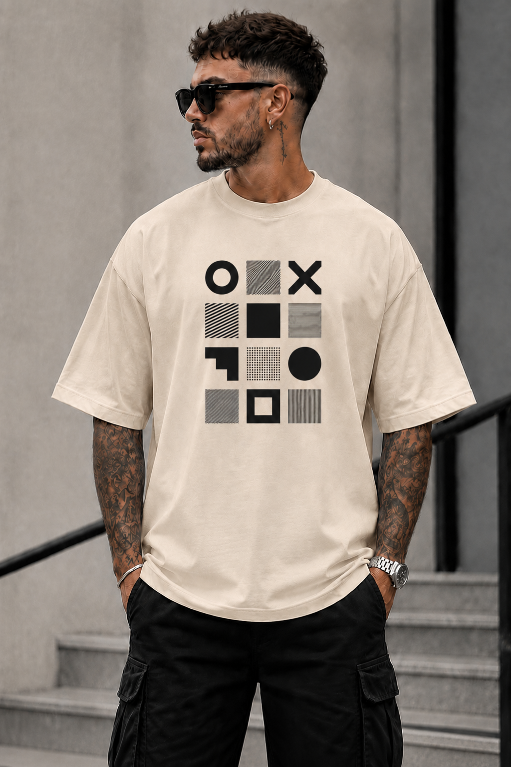 ILEERA® Premium Cotton Oversized Geometric Grid Front Print T-Shirt