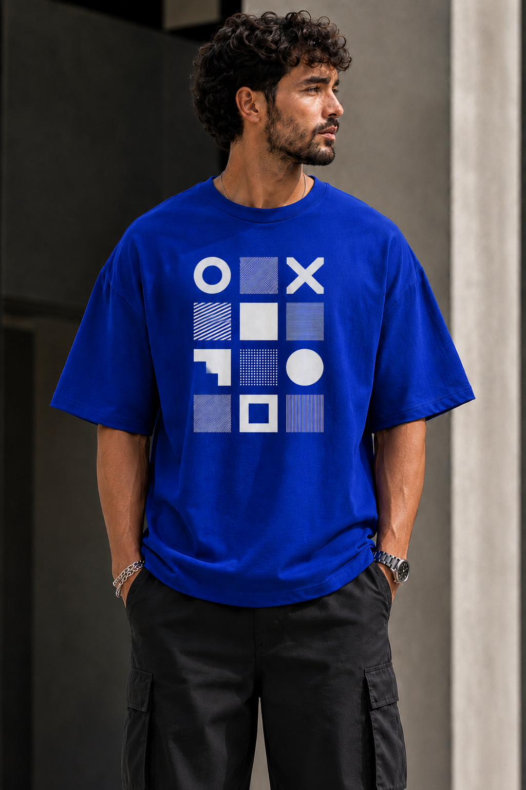 ILEERA® Premium Cotton Oversized Geometric Grid Front Print T-Shirt
