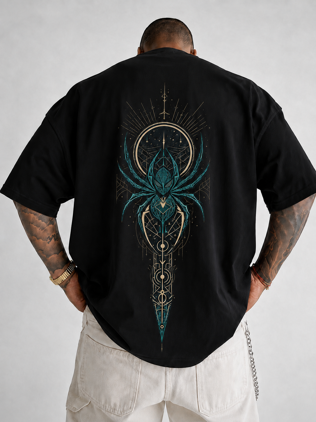 ILEERA® Premium Cotton Oversized Celestial Spider Front & Back Print T-Shirt