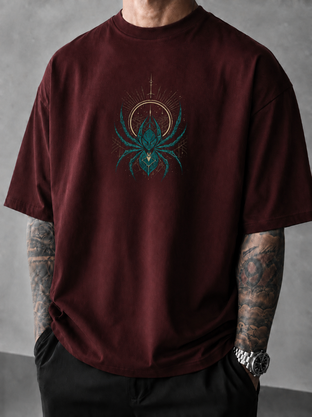 ILEERA® Premium Cotton Oversized Celestial Spider Front & Back Print T-Shirt