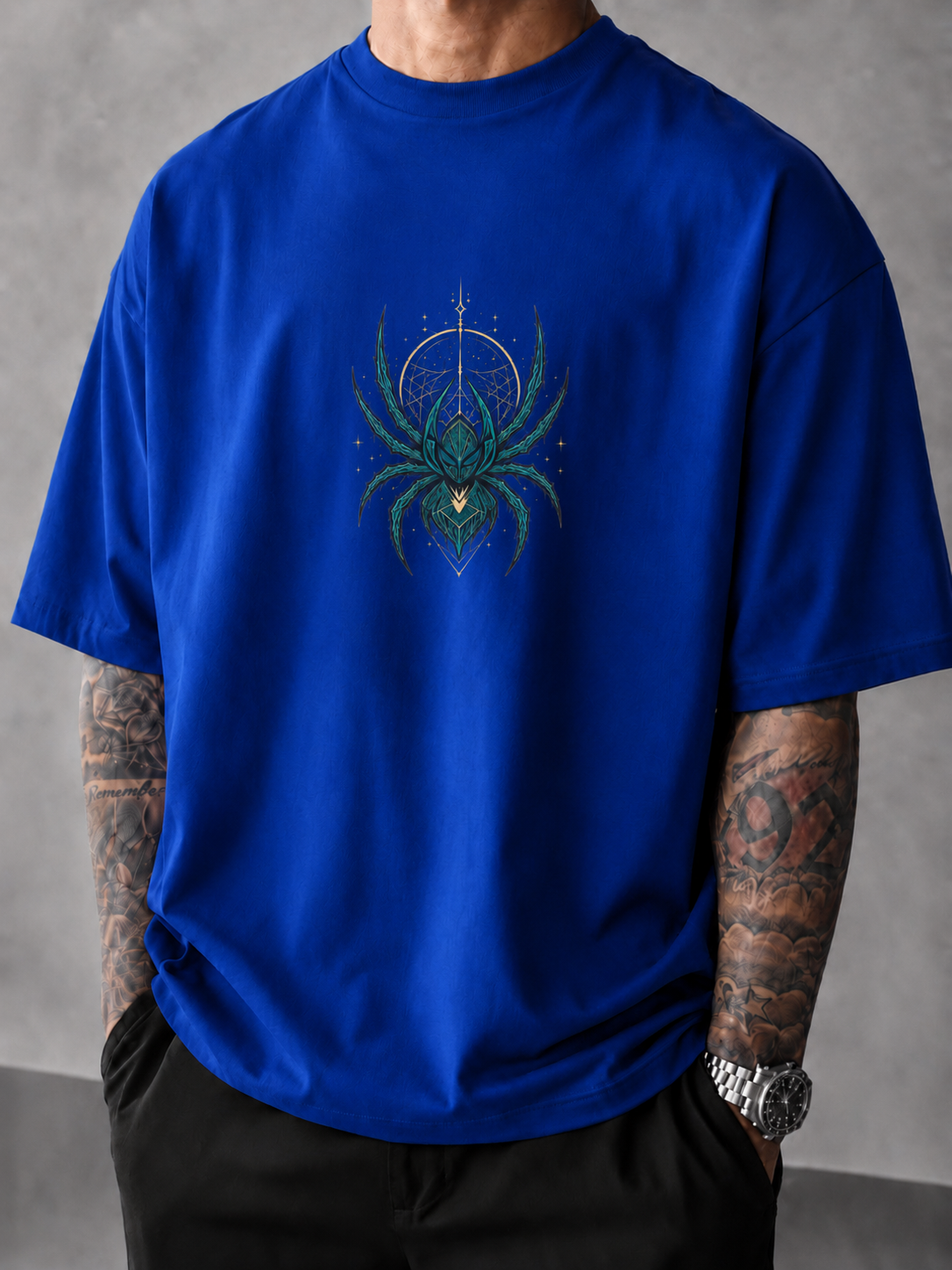 ILEERA® Premium Cotton Oversized Celestial Spider Front & Back Print T-Shirt