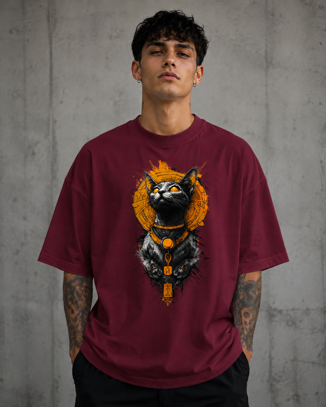 ILEERA® Premium Cotton Oversized Egyptian Cat Graphic T-Shirt