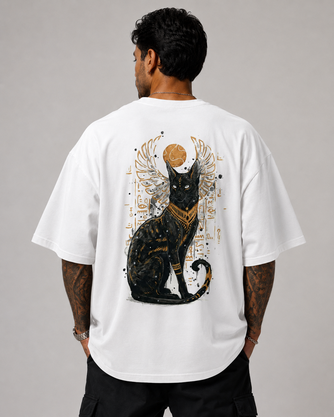 ILEERA® Premium Cotton Oversized Egyptian Cat Back Print T-Shirt