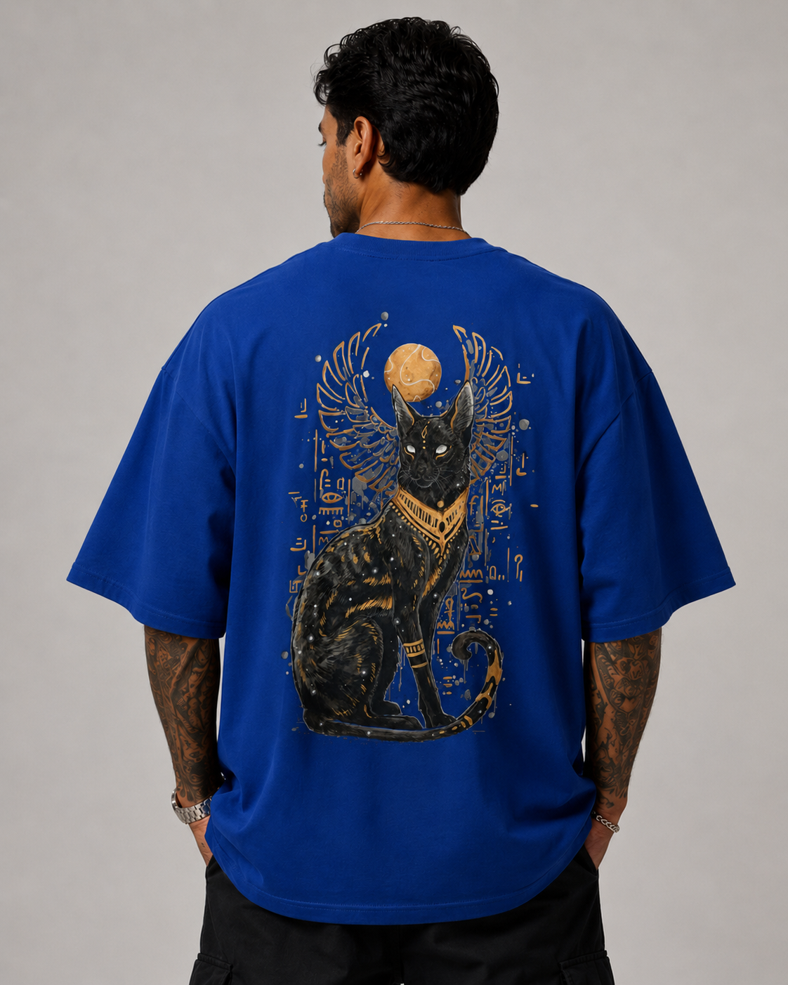ILEERA® Premium Cotton Oversized Egyptian Cat Back Print T-Shirt