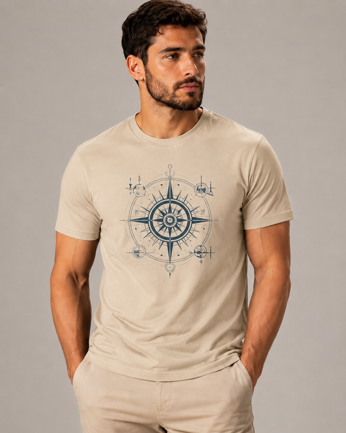ILEERA® Premium Cotton Regular Fit Compass Front Print T-Shirt