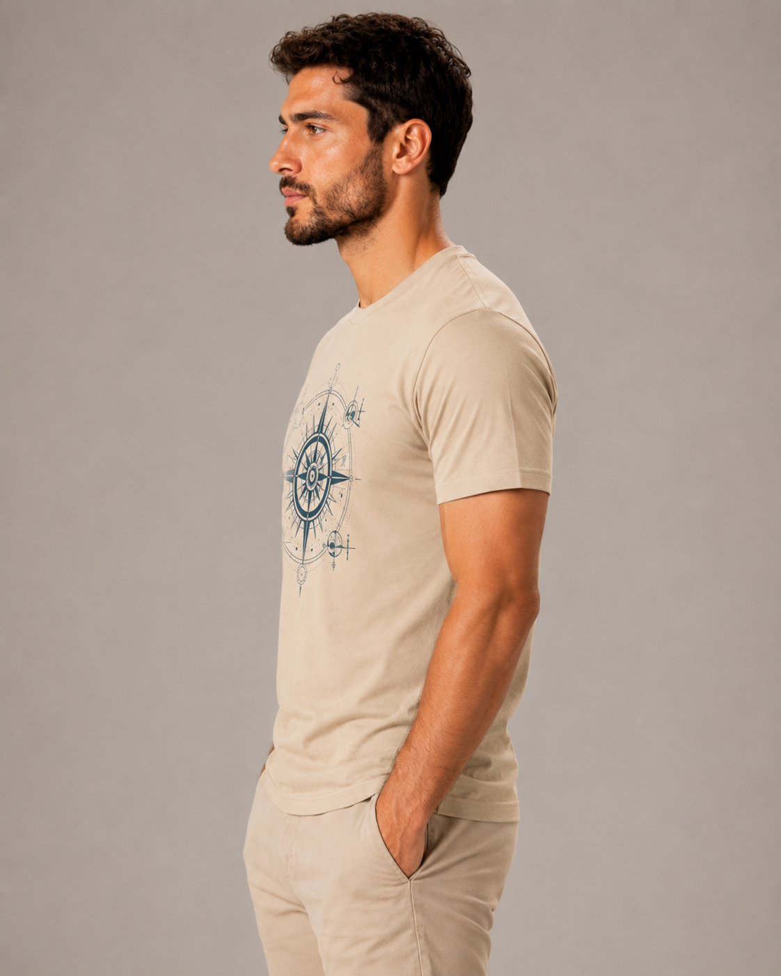 ILEERA® Premium Cotton Regular Fit Compass Front Print T-Shirt