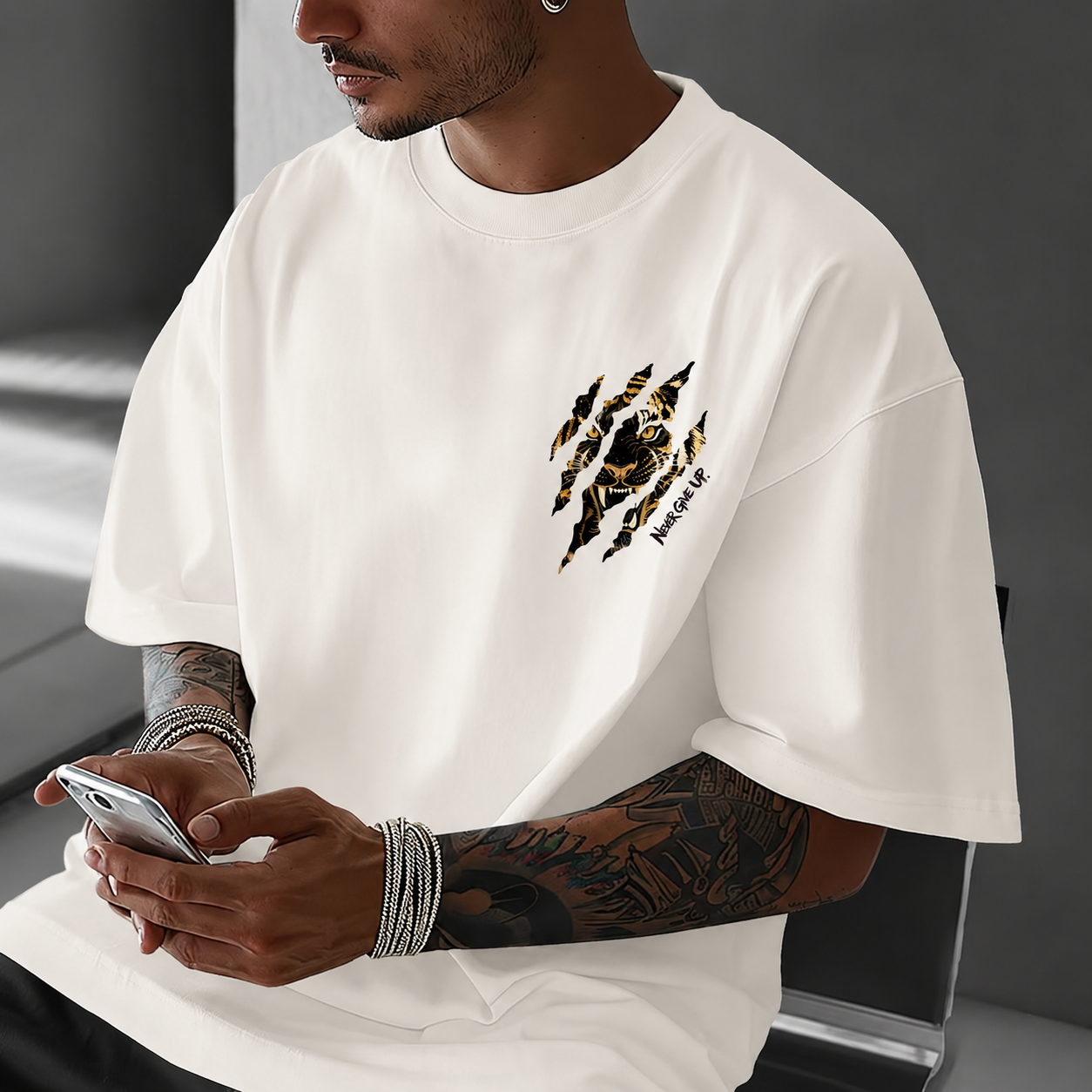 ILEERA® Premium Cotton Oversized Tiger Art T-Shirt