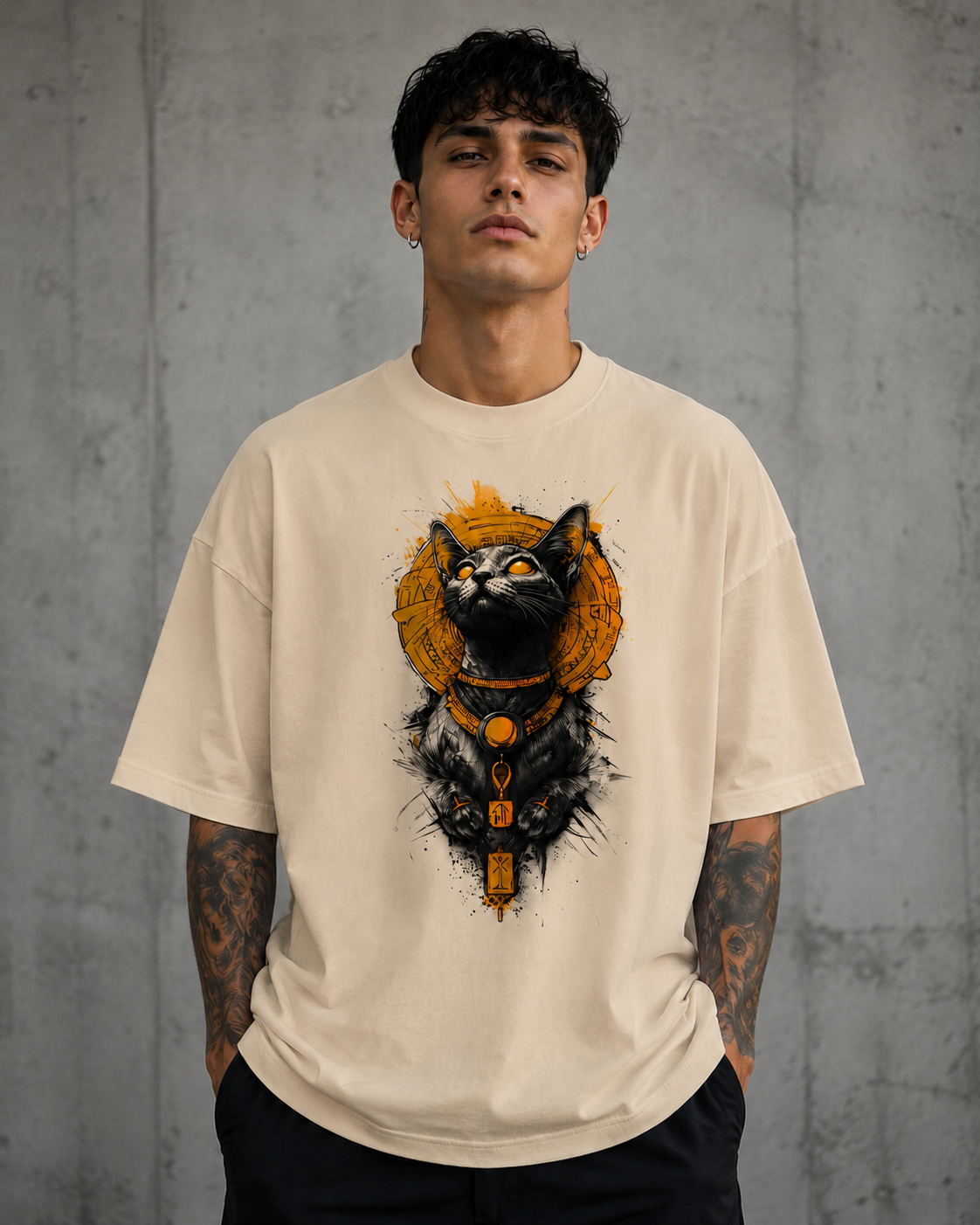 ILEERA® Premium Cotton Oversized Egyptian Cat Graphic T-Shirt
