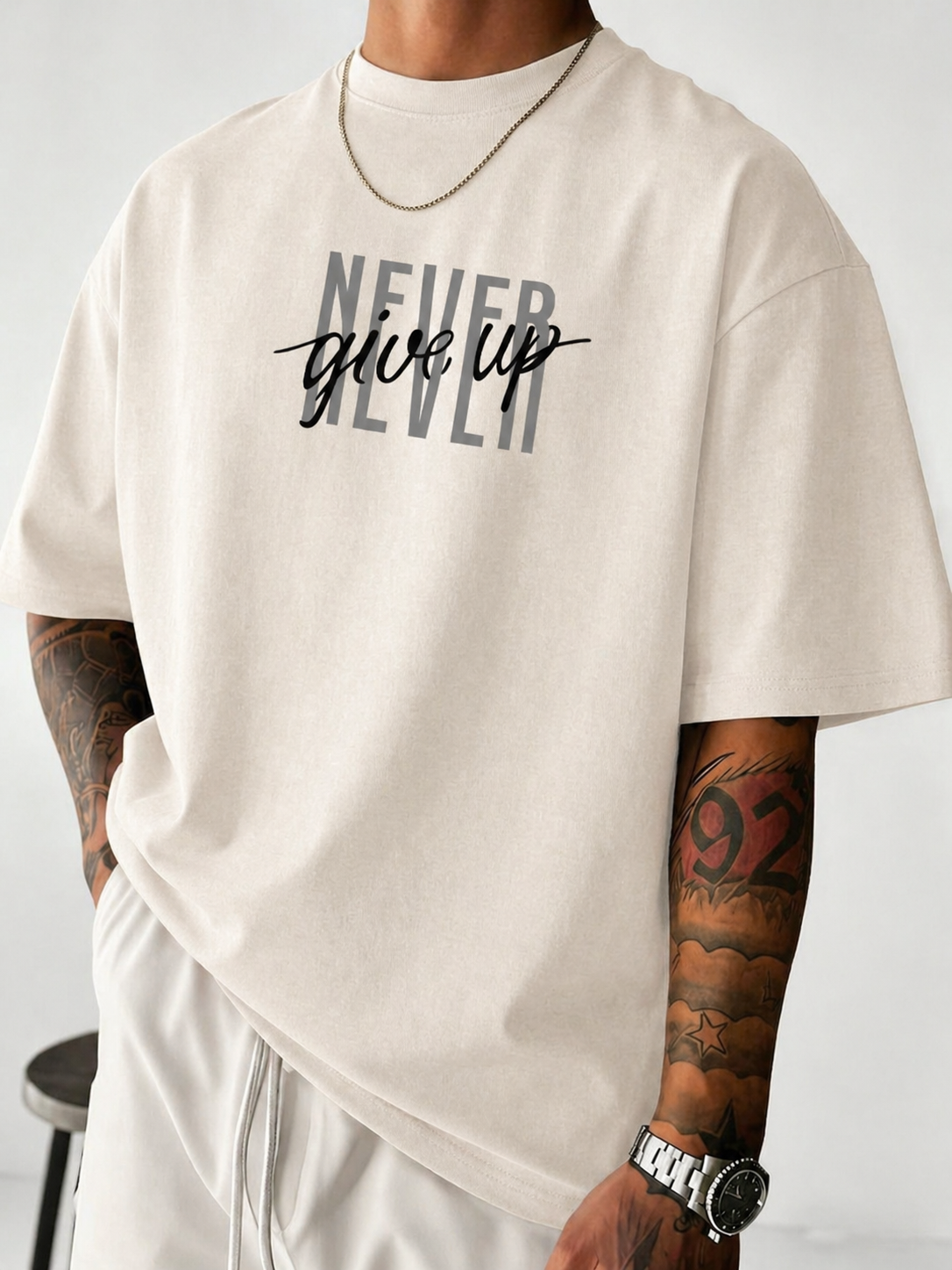 ILEERA® Premium Cotton Oversized Never Give Up T-Shirt