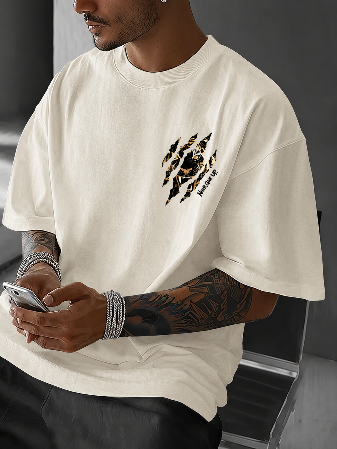 ILEERA® Premium Cotton Oversized Tiger Art T-Shirt