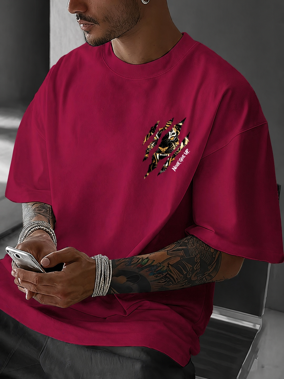 ILEERA® Premium Cotton Oversized Tiger Art T-Shirt