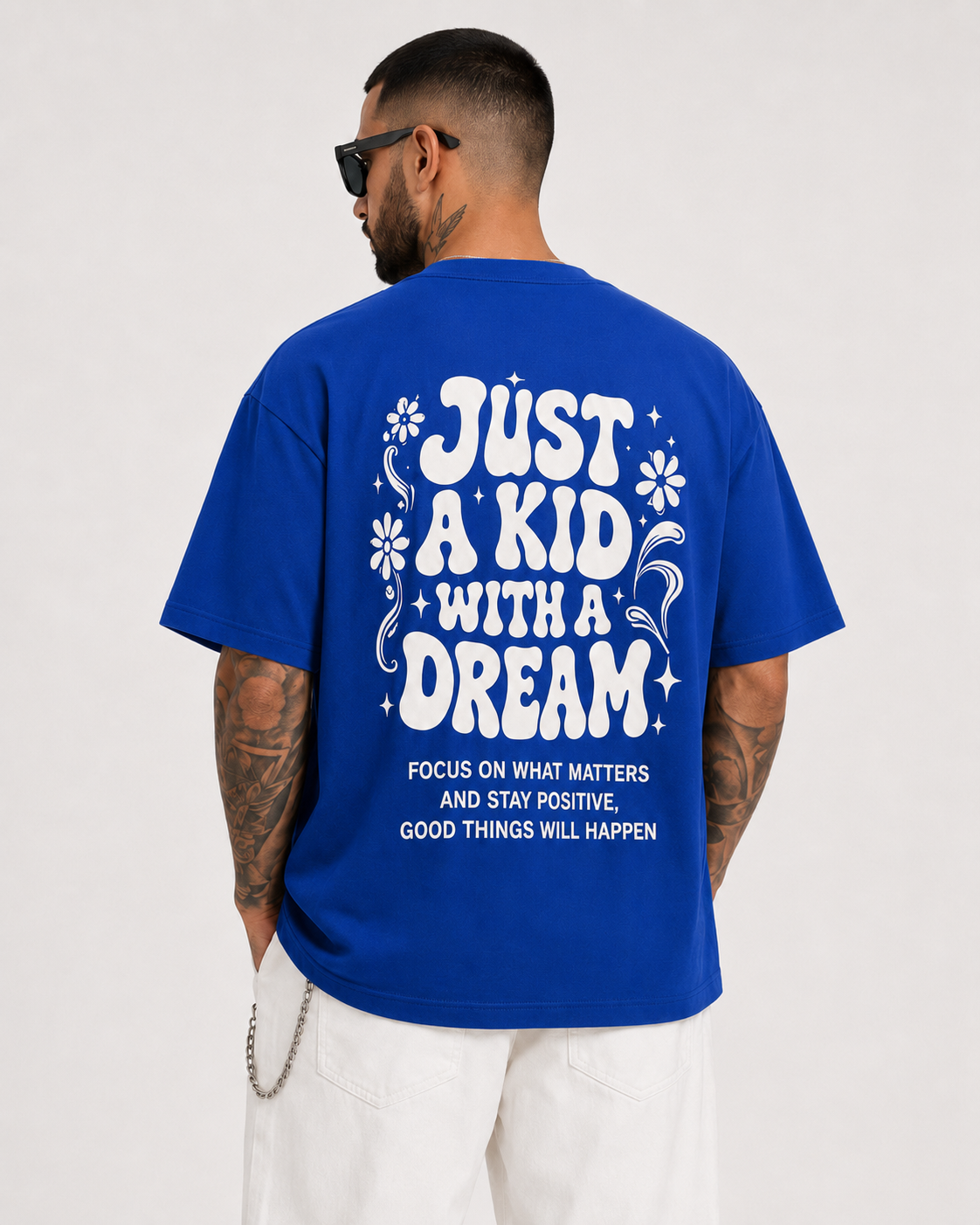 ILEERA® Premium Cotton Oversized Just A Kid With A Dream Back Print T-Shirt