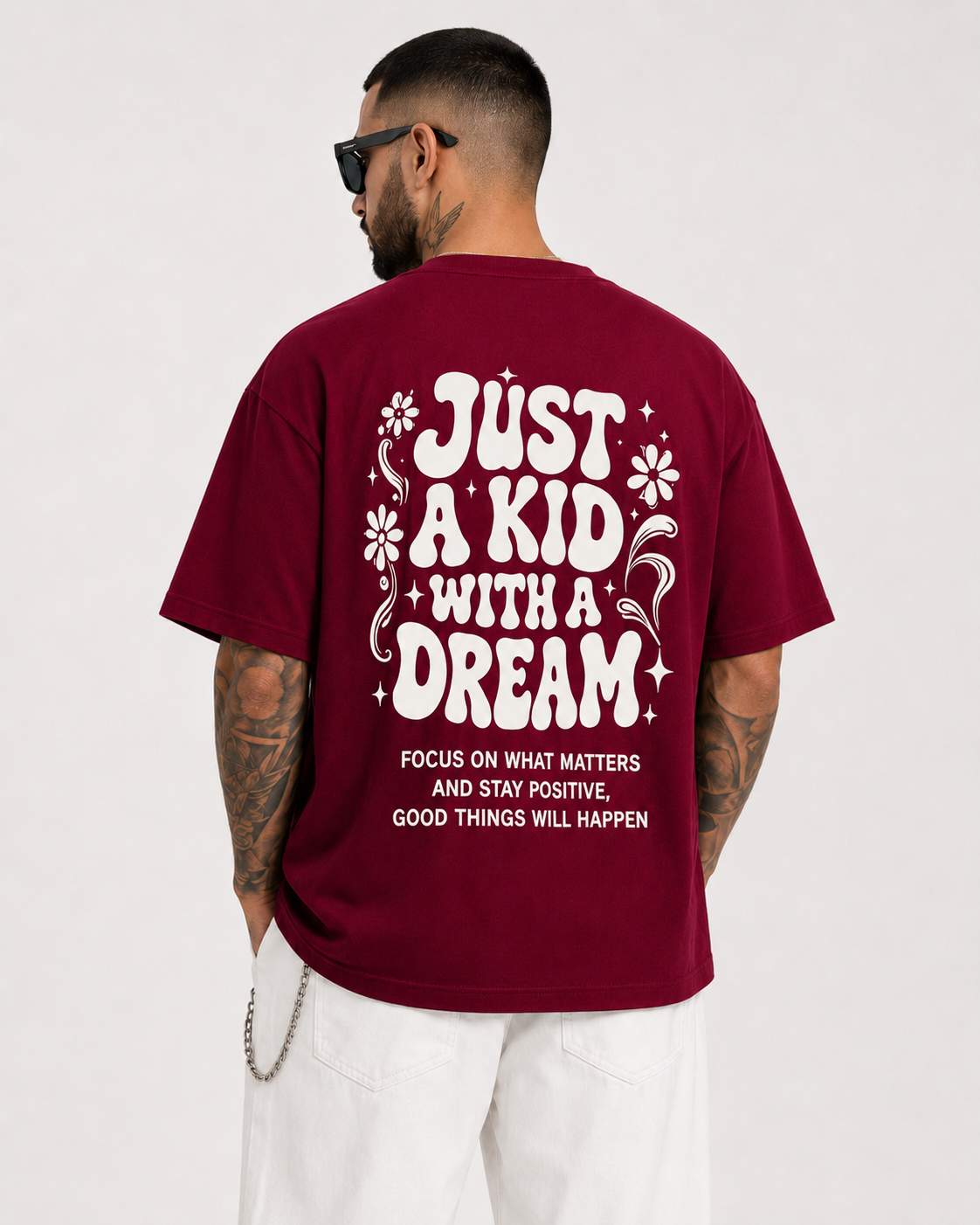 ILEERA® Premium Cotton Oversized Just A Kid With A Dream Back Print T-Shirt