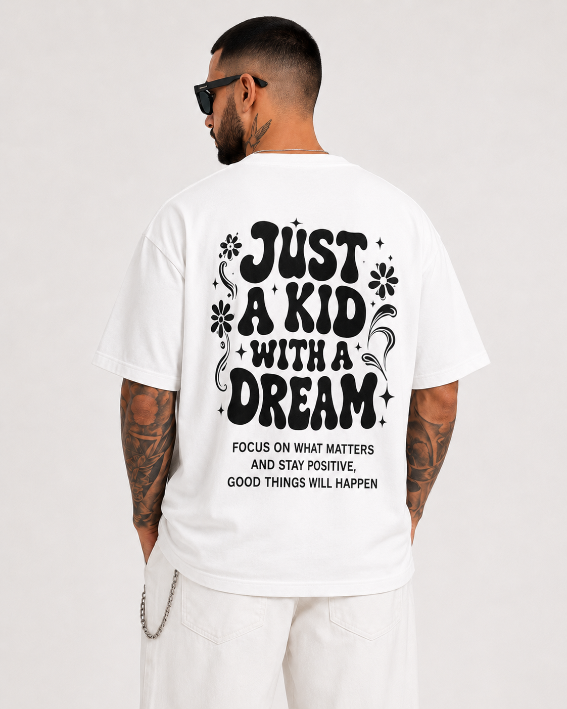 ILEERA® Premium Cotton Oversized Just A Kid With A Dream Back Print T-Shirt