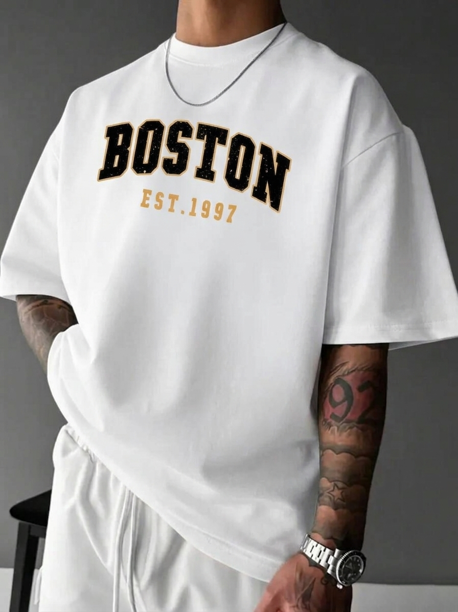 ILEERA® Premium Cotton Oversized Boston Graphic Casual T-Shirt