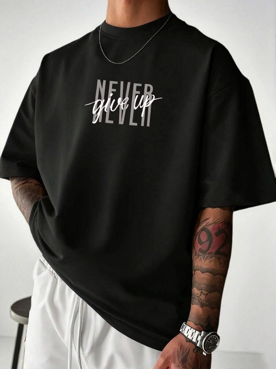 ILEERA® Premium Cotton Oversized Never Give Up T-Shirt