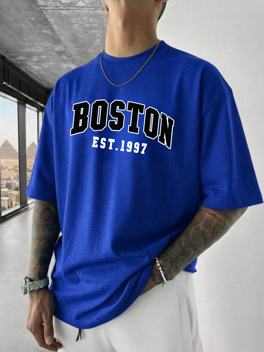 ILEERA® Premium Cotton Oversized Boston Graphic Casual T-Shirt